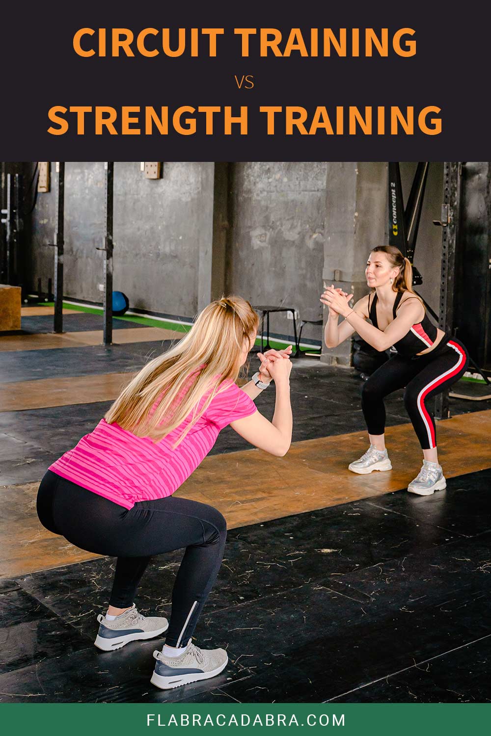 Two ladies are doing squat in a gym - Circuit Training vs. Strength Training.